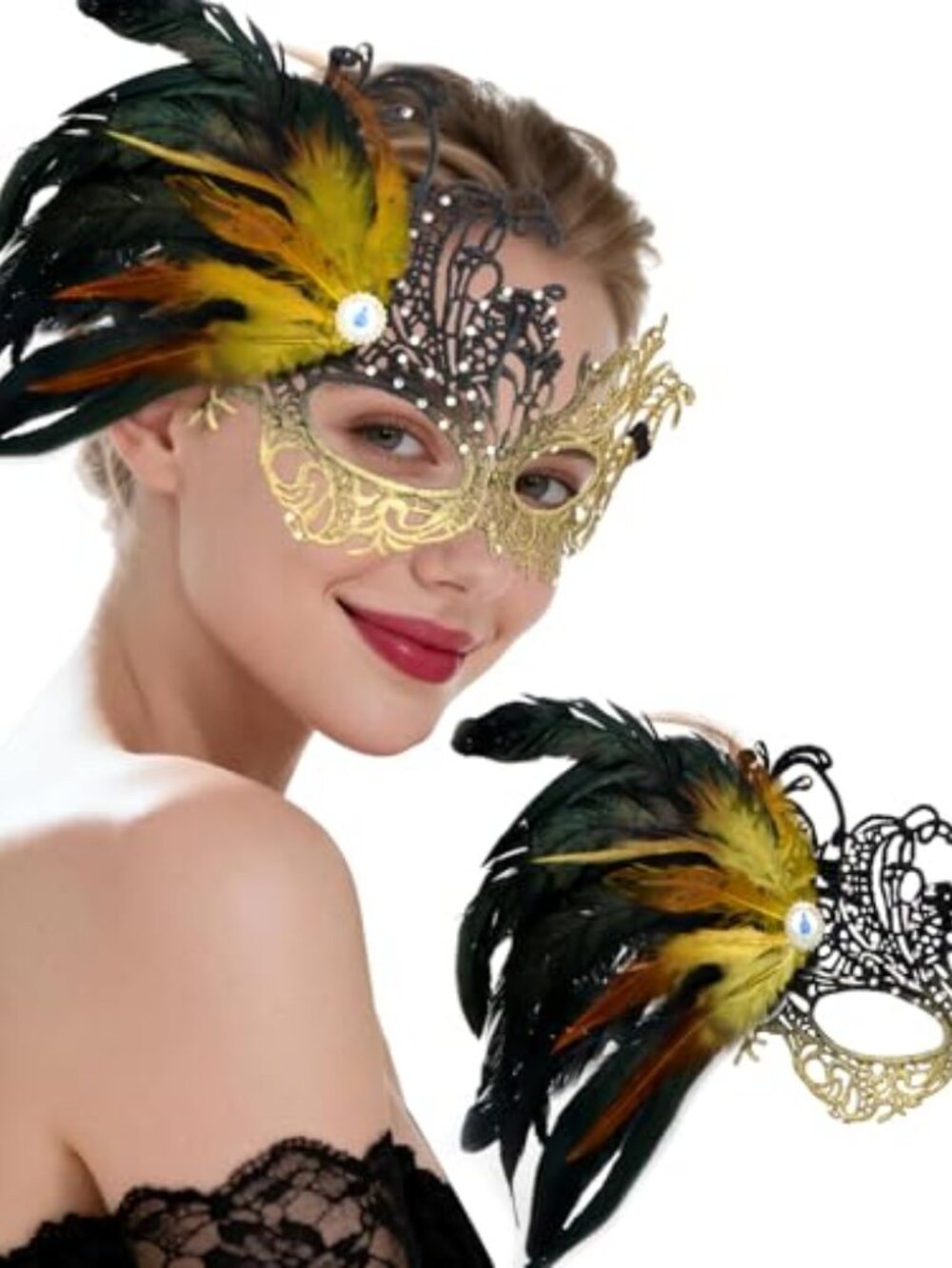 Masquerade‎ Mask for Women, Lace Venetian Masks with Feathers Mardi Gras Party